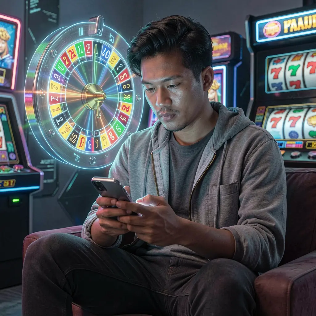Makatigame App – A seamless and modern mobile casino experience for players in the Philippines Focused Filipino player exploring mobile casino games with glowing roulette visuals behind him using the Makatigame app