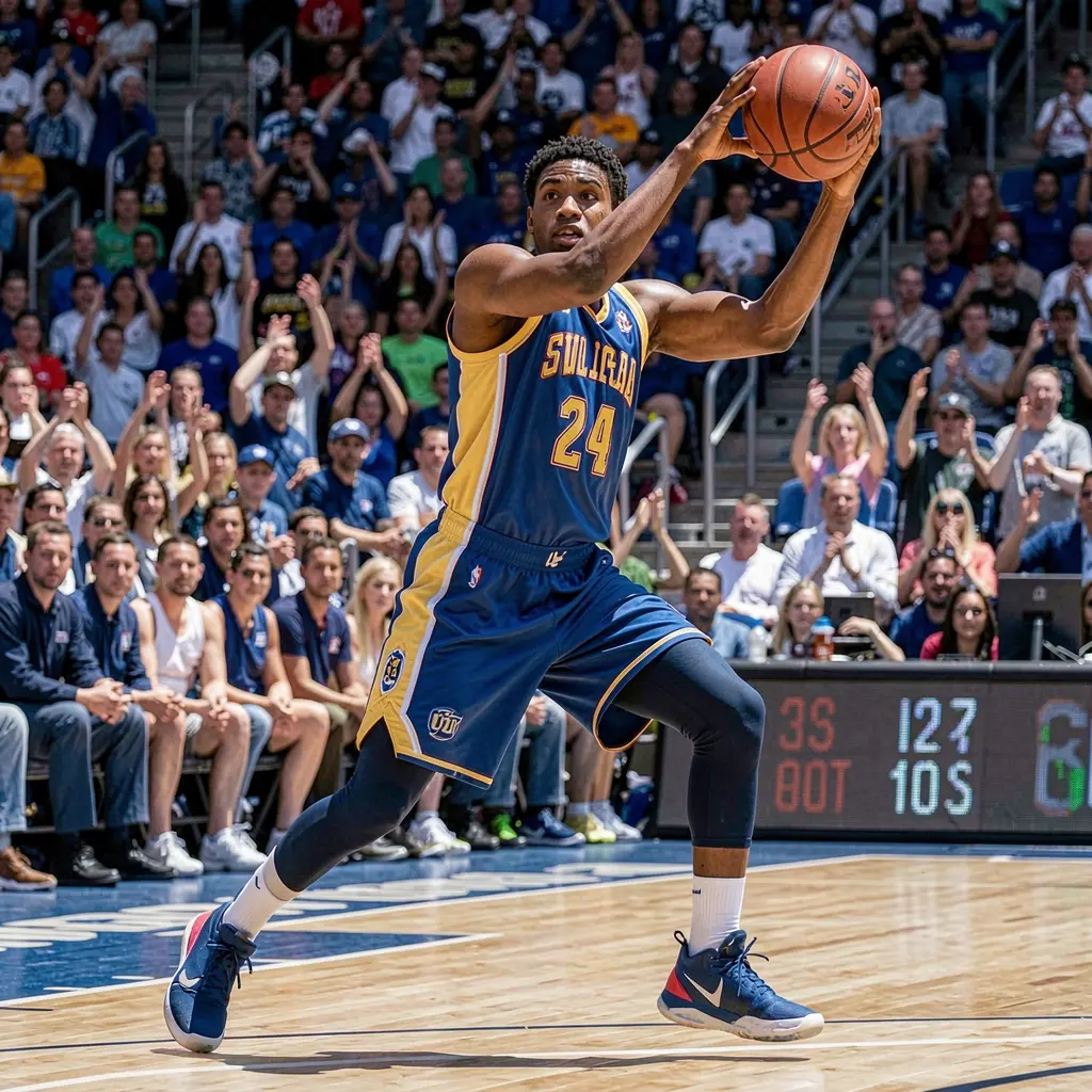 Professional basketball player making a precise shot during a competitive game with a packed stadium behind representing thrilling live basketball betting on MAKATIGAME in the Philippines