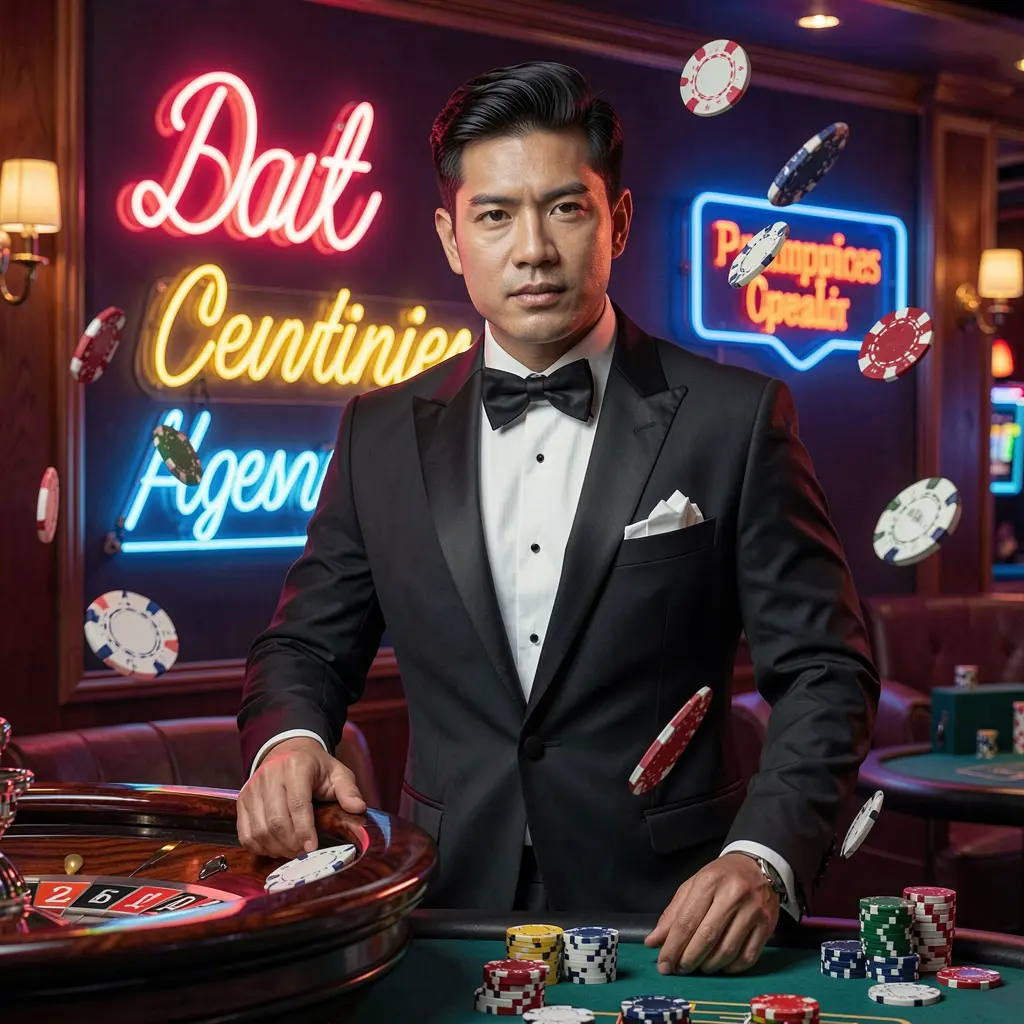 MAKATIGAME – Enjoy immersive live casino games for players in the Philippines Stylish live casino dealer in a tuxedo standing by a roulette table with chips in motion highlighting the premium live gaming environment at MAKATIGAME Philippines