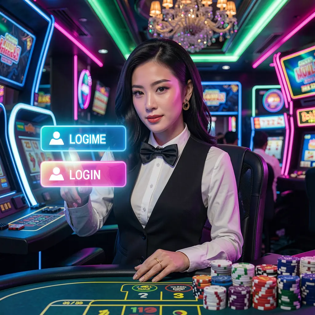 MAKATIGAME Login – Secure and smooth access to your gaming account in the Philippines Professional MAKATIGAME casino host pointing at a digital login button with vibrant neon lights highlighting secure access for players in the Philippines